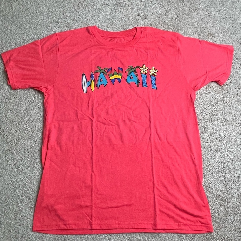 Vibrant Coral Short Sleeve Tee with Hawaii Print